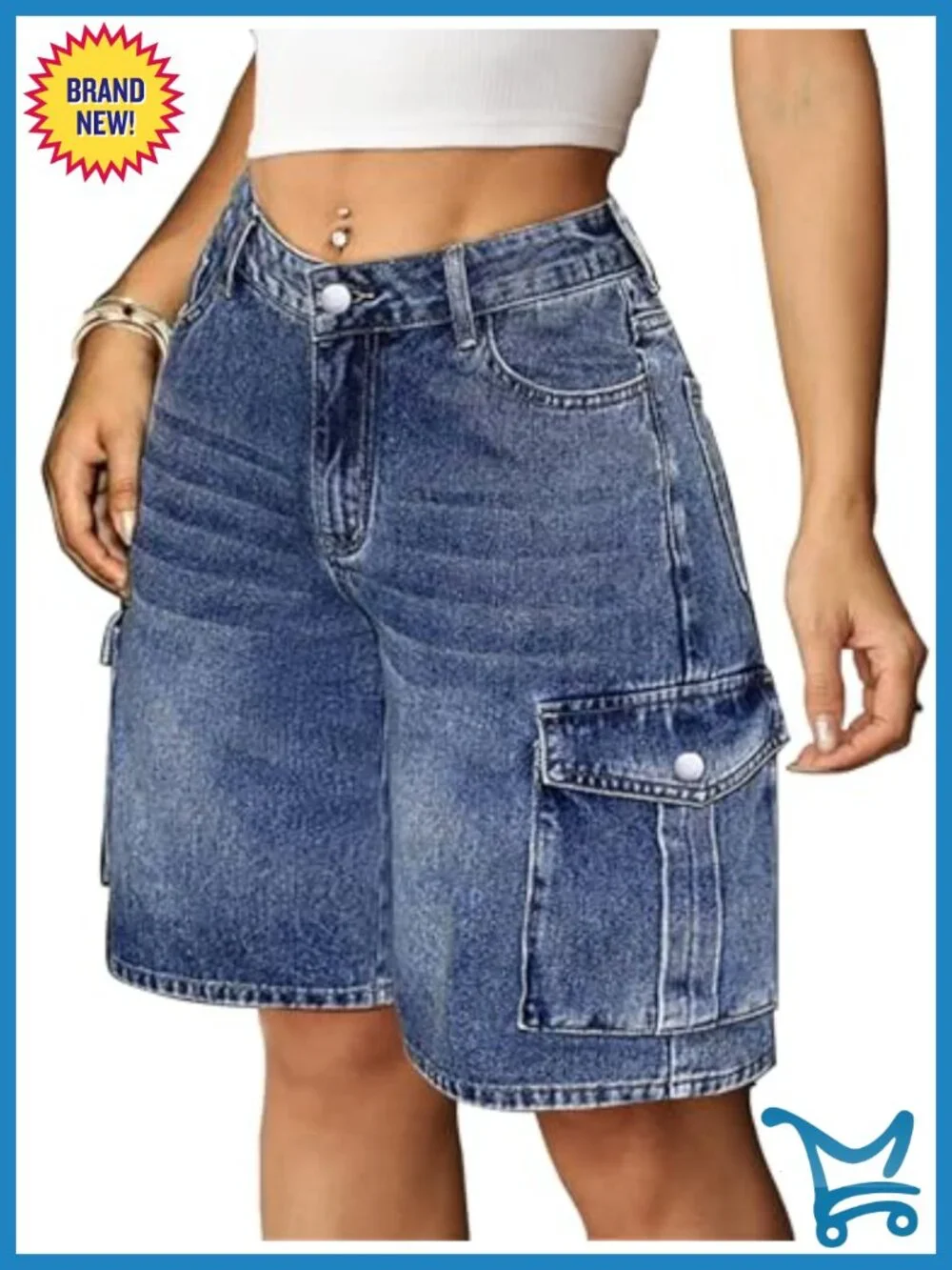 Baggy Bermuda Cargo Jorts Y2K Knee Length Stretchy Denim Jean Shorts with 6